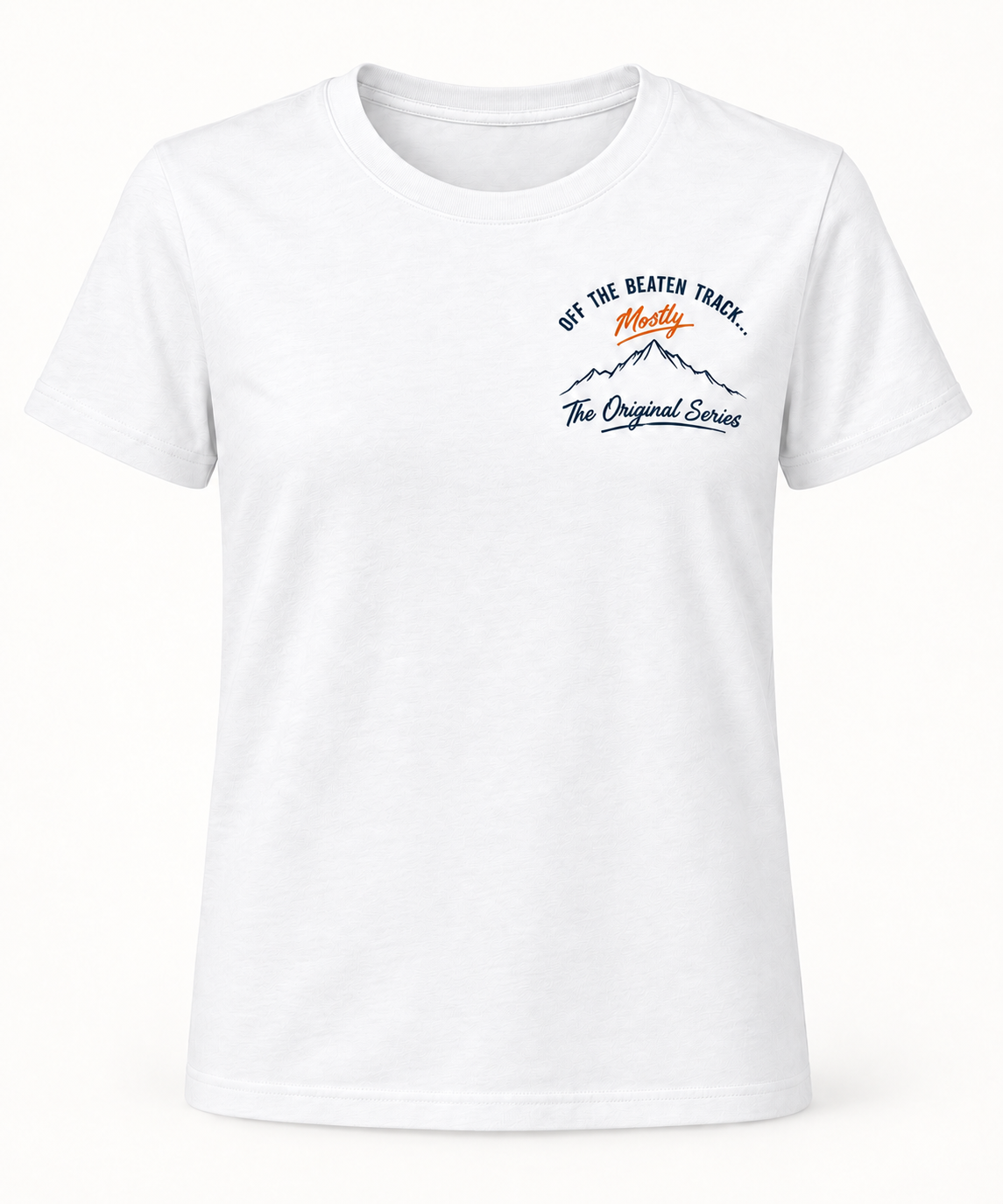 OTBTM women’s tee in White — front chest emblem