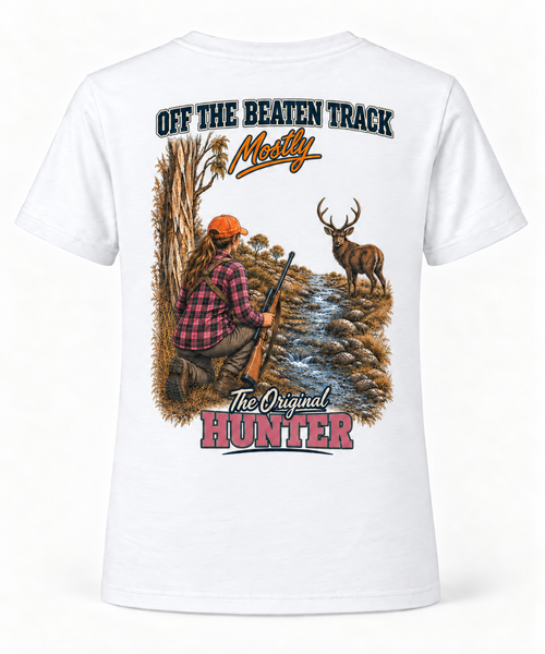 Female Hunter tee in White — rear print